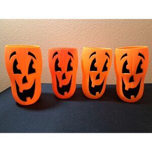 Blow Mold Pumpkin Face Halloween Plastic Tumblers 16 Oz Vintage Bundle Of 4